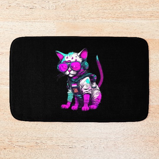 Punk Space Cat with Neon Goggles Bath Mats