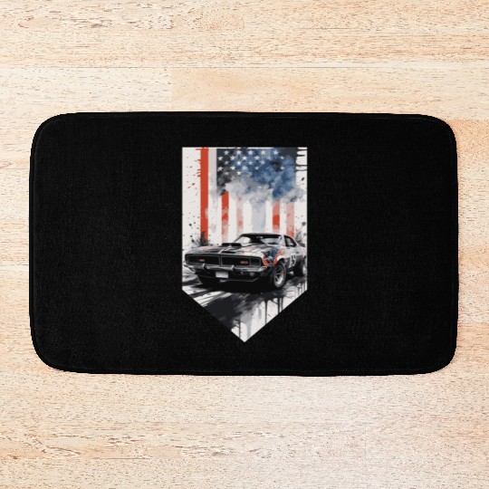 Rev up your patriotism - Muscle car and usa flag Bath Mats