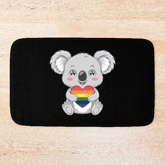 Cute Koala Holding Rainbow Heart LGTBQ Pride Bath Mats