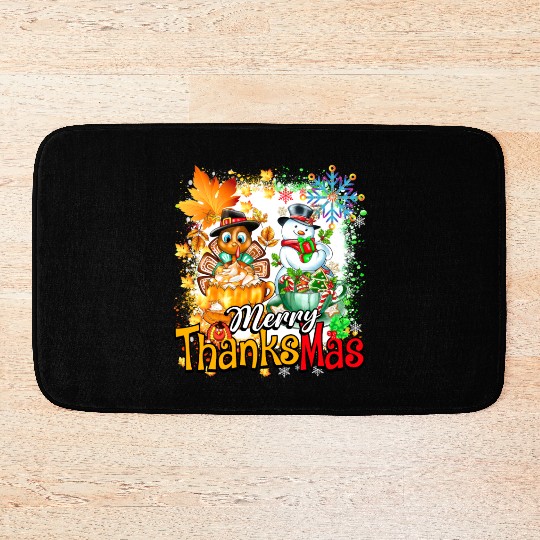 Merry Thanksmas Turkey Snowman Coffee latte cup Bath Mats