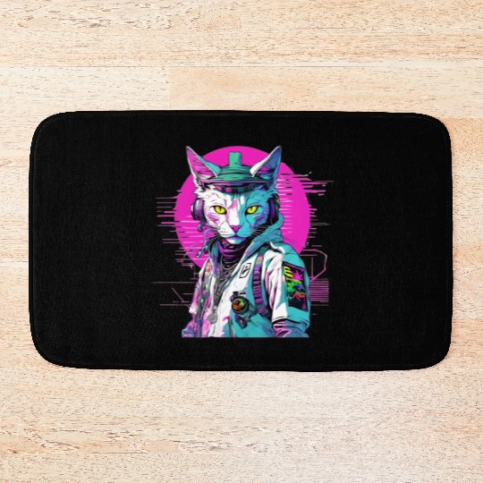 Neon Cyberpunk Warrior Cat Bath Mats