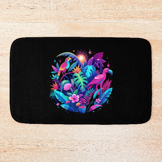 Neon Tropical Jungle at Night – Bright Pink Leaves Bath Mats
