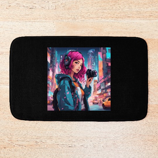 Cyberpunk Pink-Haired Girl - Neon Dreams Bath Mats