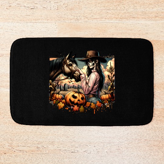 Haunting Cowgirl and Horse in Halloween Graveyard Bath Mats