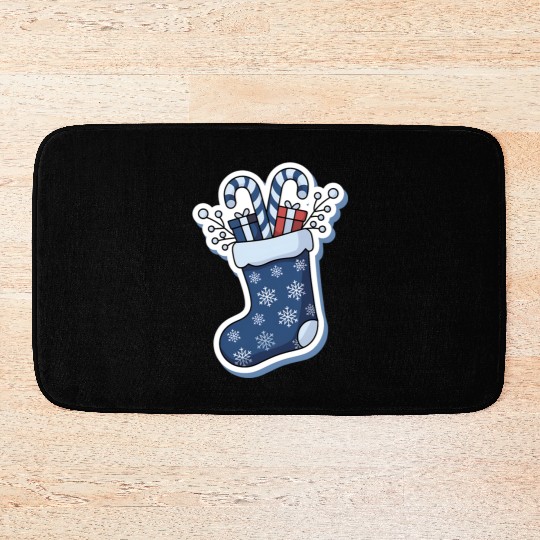 Christmas Stocking Candy Canes Blue And White Bath Mats