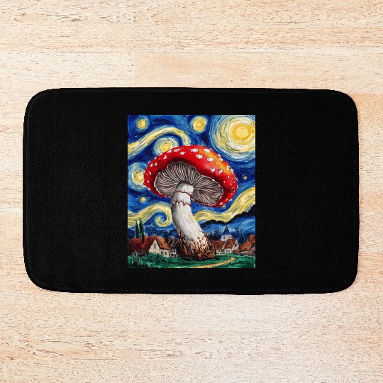 Starry Night Mushroom: Surreal Watercolor Dreamsca Bath Mats