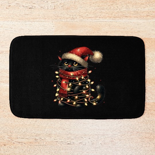 Black Cat In Christmas Light, Cat Lights Bath Mats