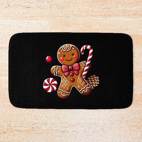 Happy gingerbread man with candy cane Bath Mats