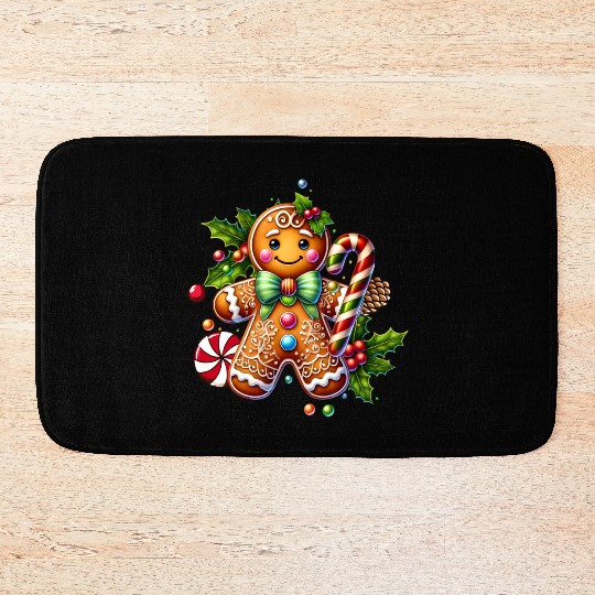 Happy gingerbread man with candy cane Bath Mats
