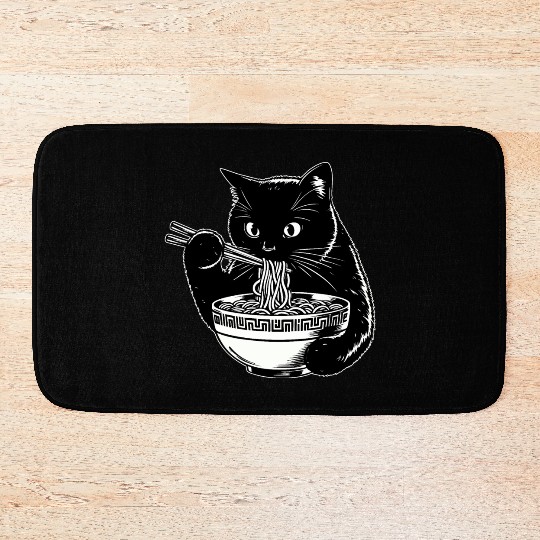 Cat Eating Ramen Noodles Japanese Funny Bath Mats