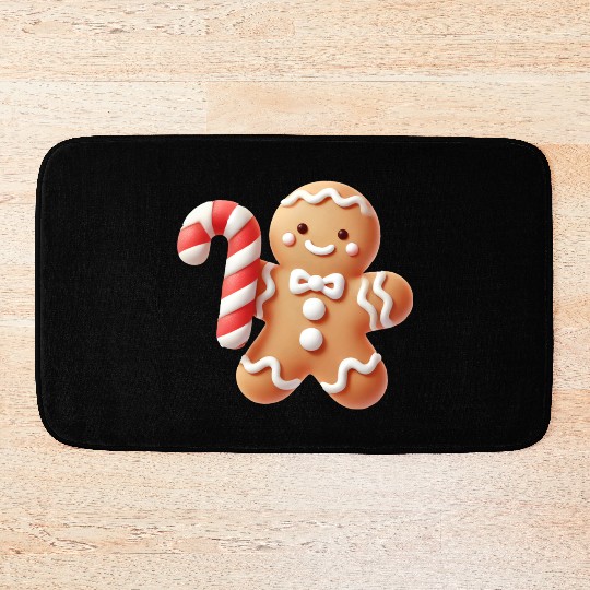 Happy gingerbread man with candy cane Bath Mats
