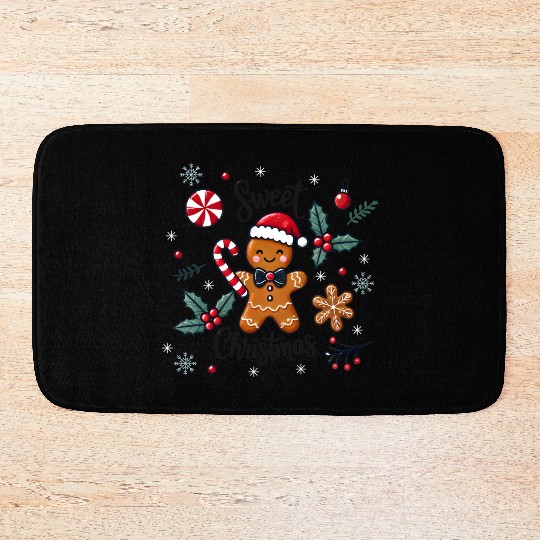 Happy gingerbread man with candy cane Bath Mats