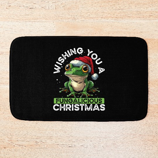 Merry Christmas Frog on Mushroom Cottagecore Bath Mats