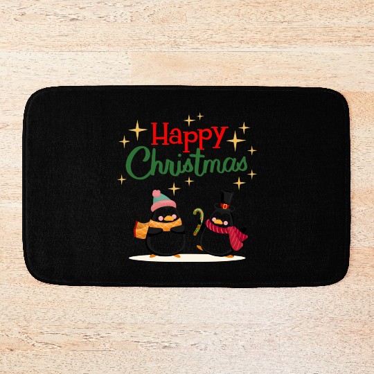 Cute cartoon penguins celebrating Christmas Bath Mats