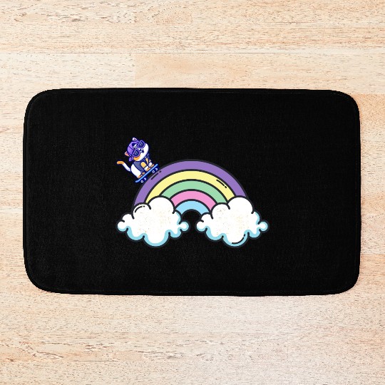 Rainbow Ride: The Skateboarding Cat Bath Mats