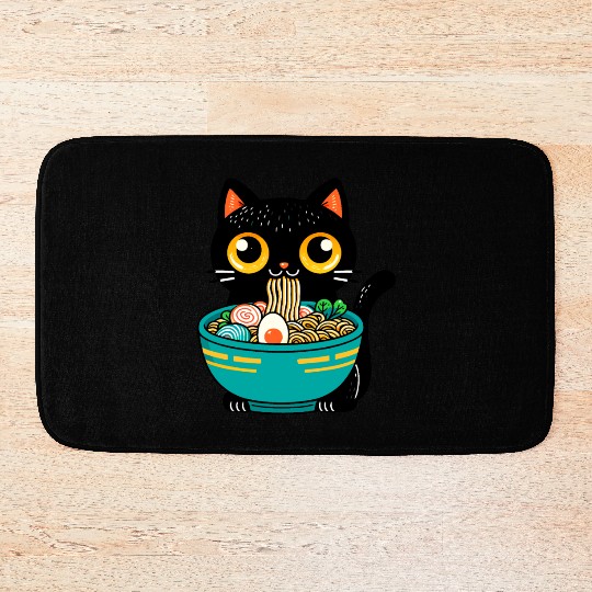 Funny Cat Eating Ramen Japanese Cat Ramen Noodles Bath Mats