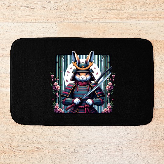 Samurai Rabbit with Katana and Cherry Blossoms Bath Mats