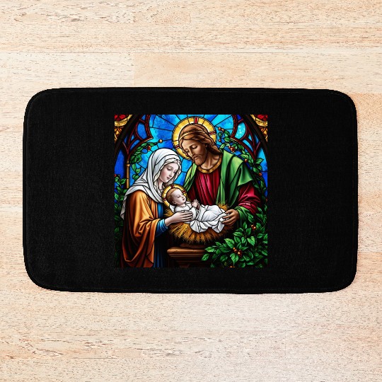 Holly family cristal stained glass image Bath Mats