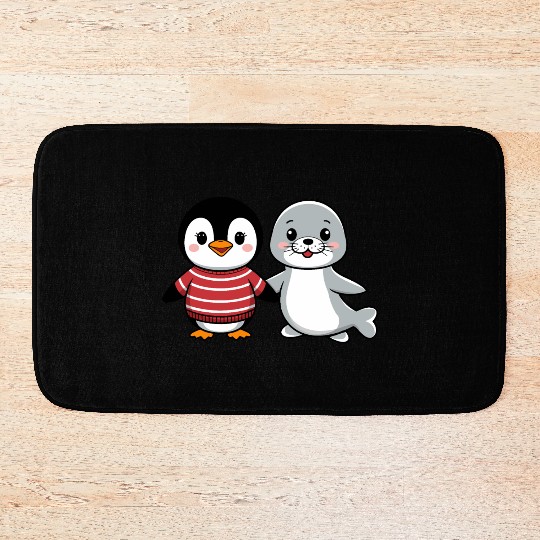 Penguin and Seal Friends holding hands Bath Mats
