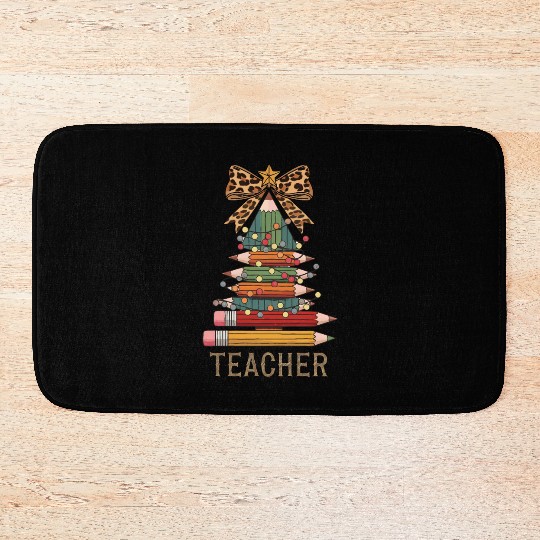 Christmas Tree Pencil Teacher Leopard Bow Design Bath Mats