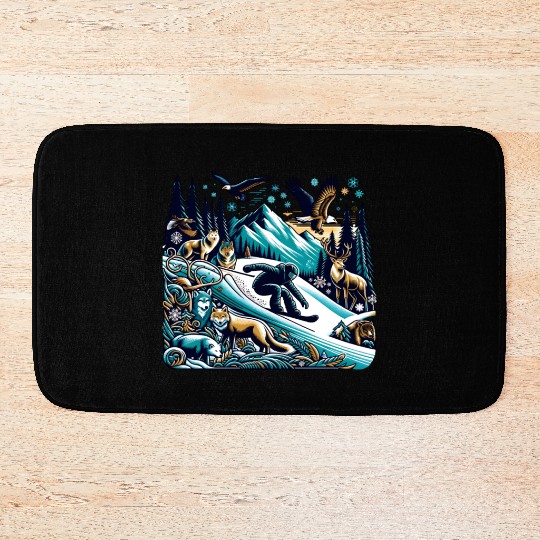 Epic Snowboarding Adventure Wildlife Scene Bath Mats