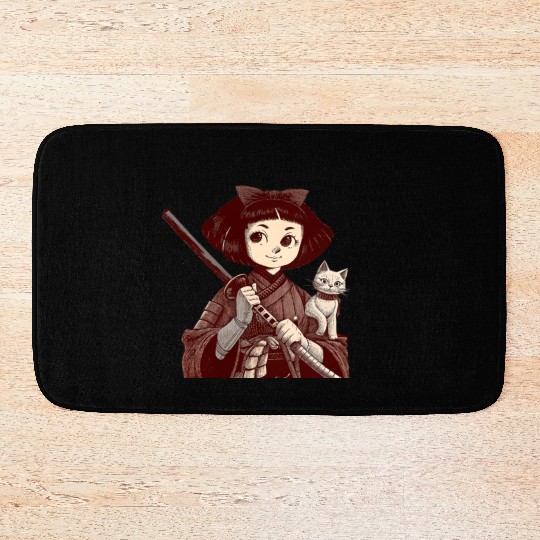 Chibi Samurai Warrior Cat Companion & Blossoms Bath Mats