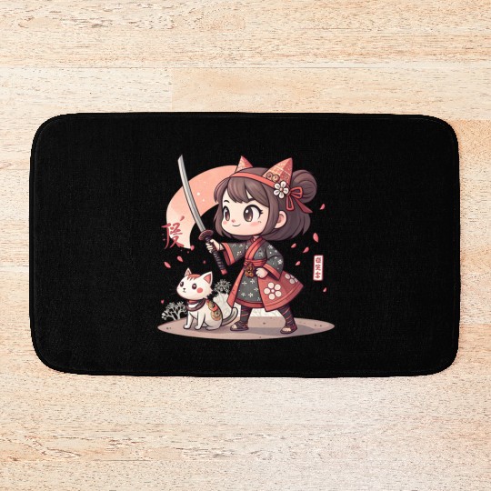 Adorable Anime Samurai Girl: Cat & Katana Design Bath Mats