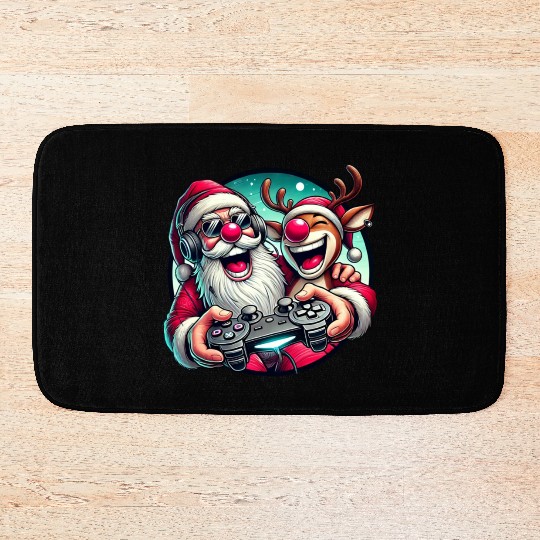 Funny Christmas Duo: Santa & Rudolph Gaming Bath Mats