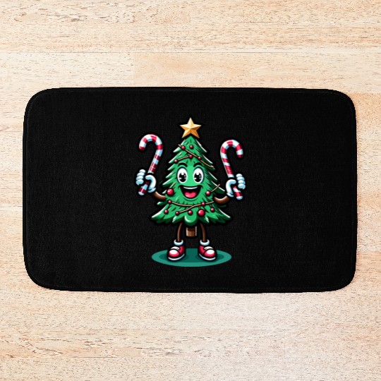 Happy Christmas Tree With Candy Canes Retro Bath Mats