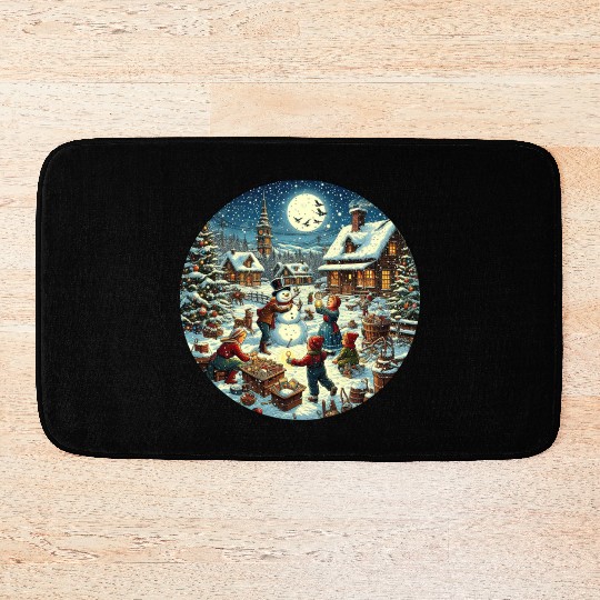 Vintage Christmas Card with Snowman and Children Bath Mats