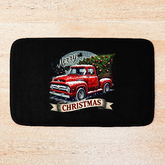 Vintage Pickup with Christmas Tree - Holiday Journ Bath Mats