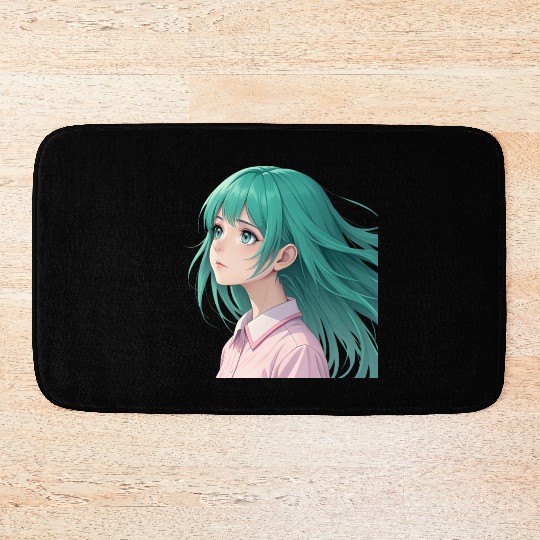 Teal Tresses: A Vision of Anime Serenity and Wonde Bath Mats