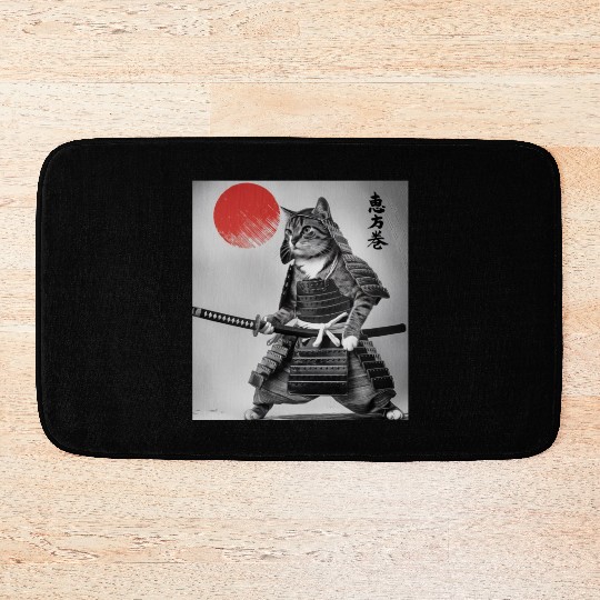 Kawaii Japanese Samurai Cat Vintage Japanese Cat Bath Mats
