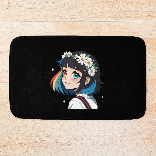 Radiant Rainbow Star: Anime Girl with Flower Crown Bath Mats