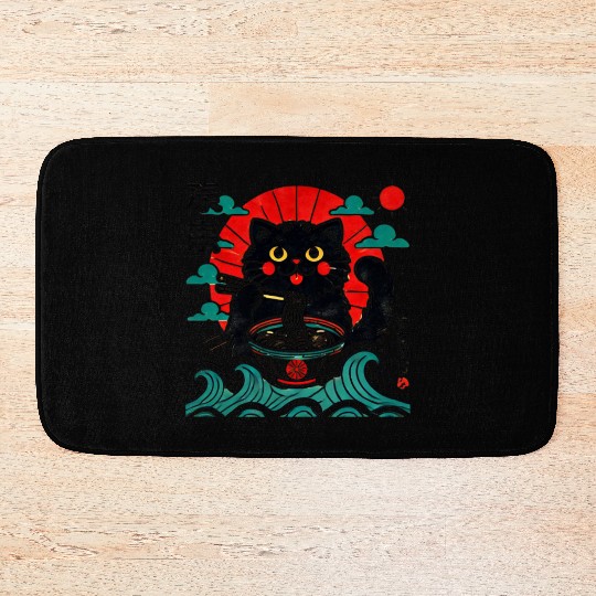 Kawaii Black Cat Eating Ramen Noodles Japanese Bath Mats
