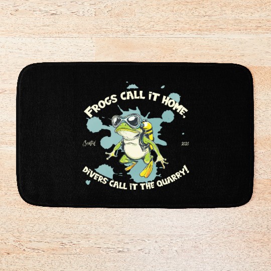 Diver Frog With Saying Home Meets Quarry Pond Bath Mats