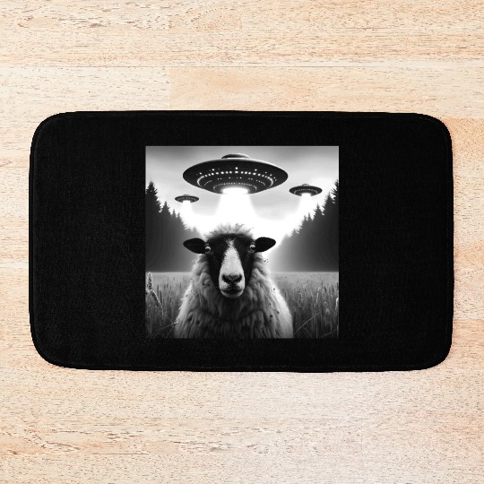 Sheep ram, lamb Funny Graphic Selfie with UFOs Wei Bath Mats