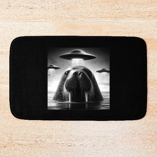 Walrus Sea lion Funny Graphic Selfie with UFOs Wei Bath Mats