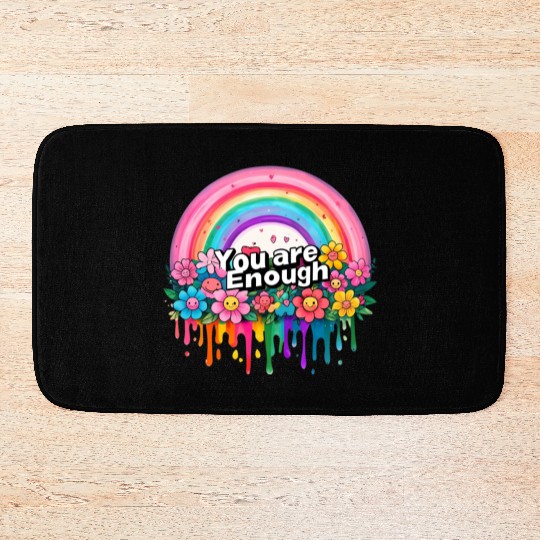 "You Are Enough" Rainbow and Flowers Inspirational Bath Mats