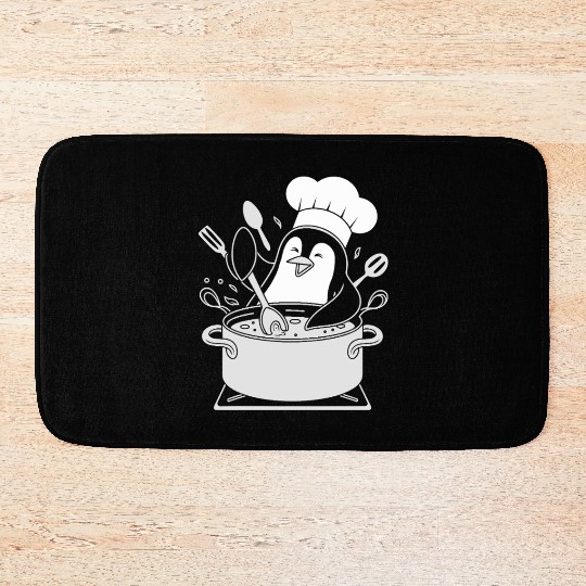 Chef Penguin Cooking with Utensils in Pot Bath Mats