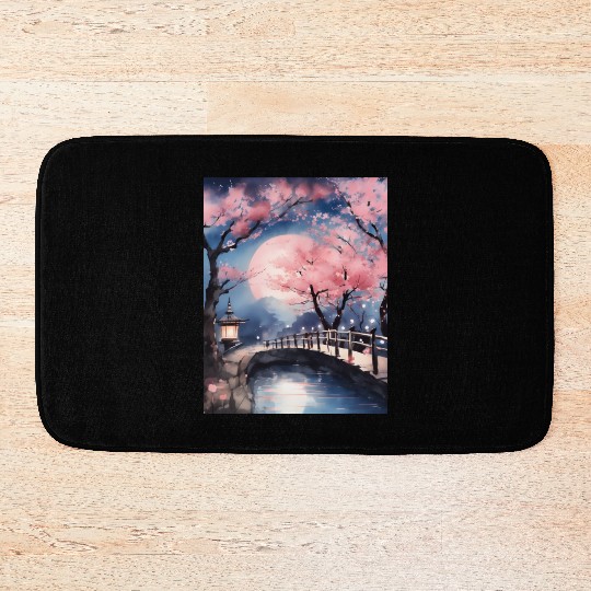 Watercolor cherry blossom festival full moon Bath Mats