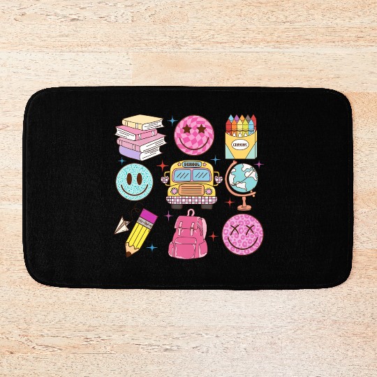 Back To School School Bus Smiling Faces Pencil Cra Bath Mats