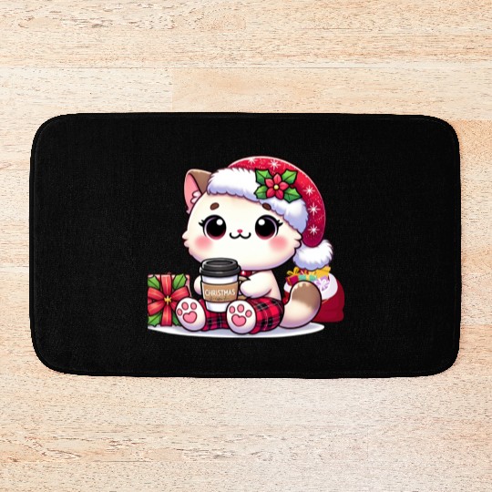 A Cute Kawaii Cat Drinking Coffee Bath Mats