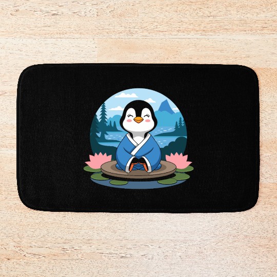 Zen Penguin in Tranquil Lotus Lake Meditation Bath Mats