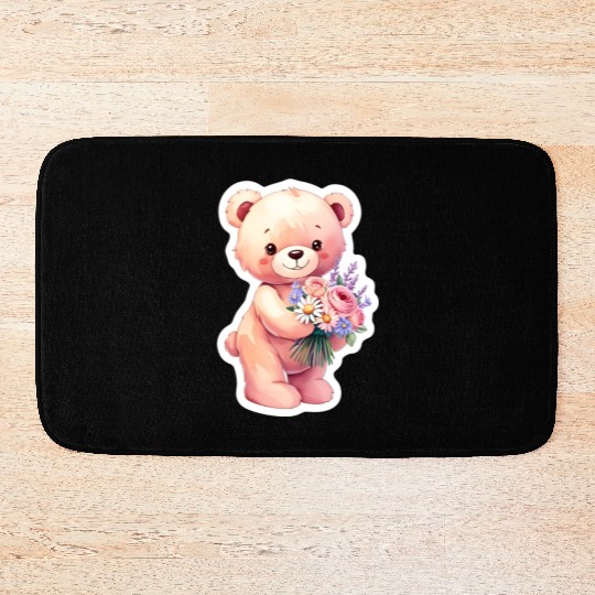 Teddy bear with bouquet of flowers Bath Mats