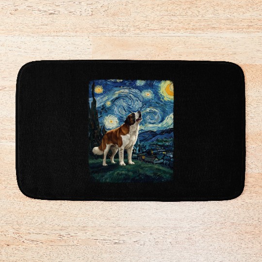 Saint Bernard Howling At Moon Starry Night Van Gog Bath Mats