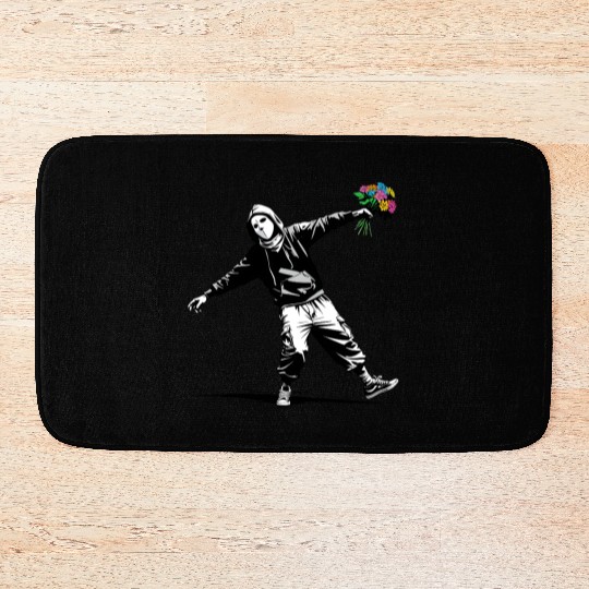 Banksy Protester Throwing Flowers Bath Mats