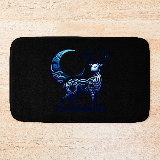 Celestial Deer Under Starry Night Moon Bath Mats