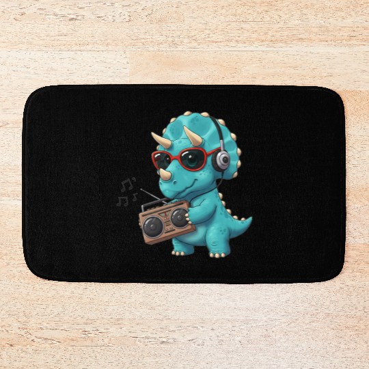 Dino cartoon triceratops listening to music Bath Mats