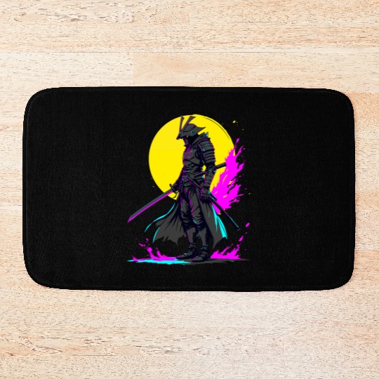 Cyberpunk Samurai Warrior Neon Art Design Bath Mats